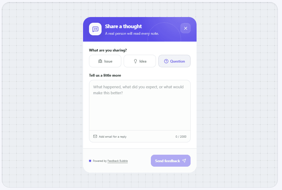 Closed feedback launcher, open feedback form and submitted confirmation shown as three interface states