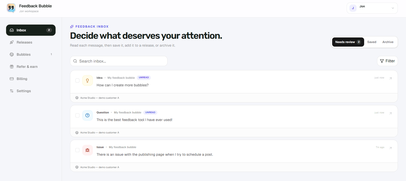 One inbox with website filters for three products and a feedback detail panel showing the source site