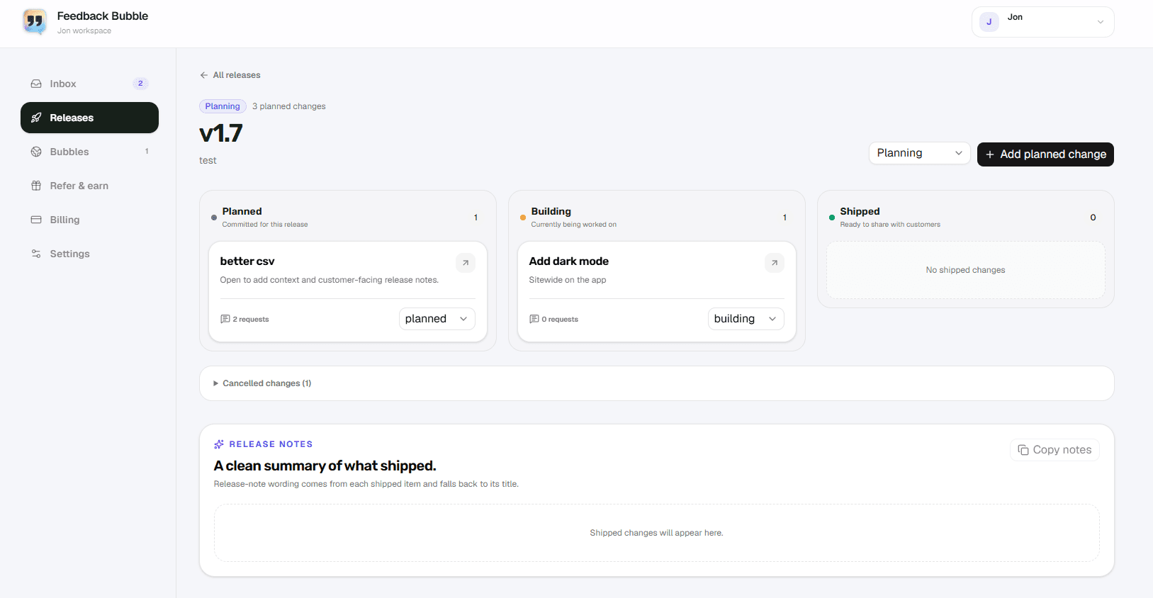 Private feedback inbox workflow contrasted with a public roadmap and voting board