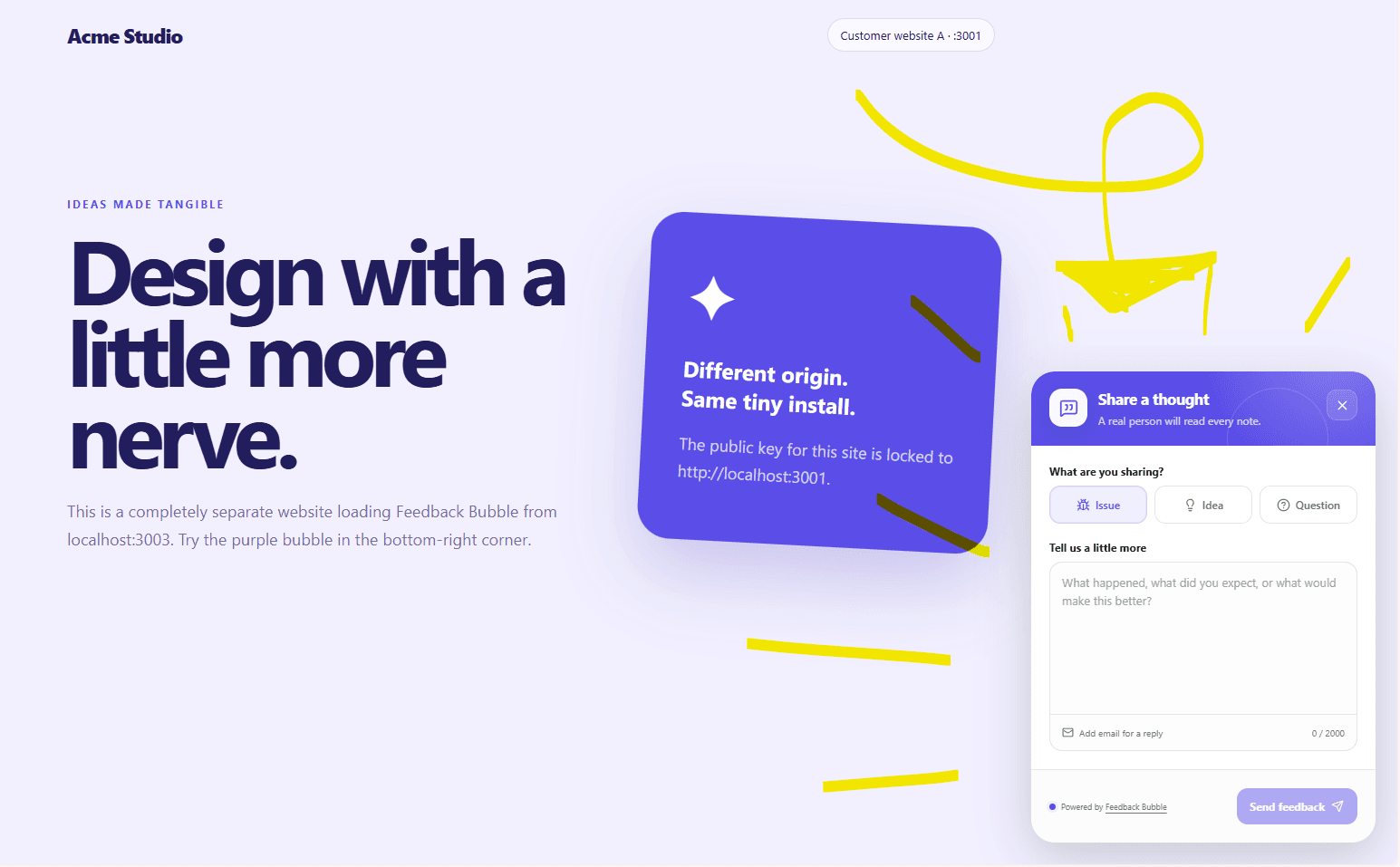 Feedback Bubble launcher open on a SaaS dashboard, showing Issue, Idea and Question options