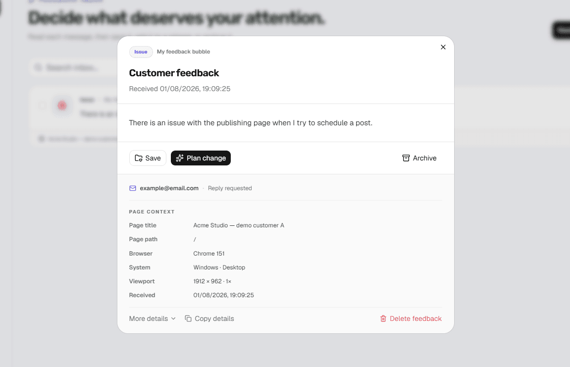 A submitted bug report beside its page URL, browser, operating system and viewport context in the inbox